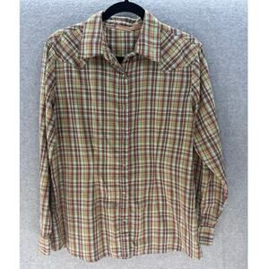 Wrangler Women's sz L Snap Plaid Cotton Shirt LS Blue Brown Green 70s Inspired